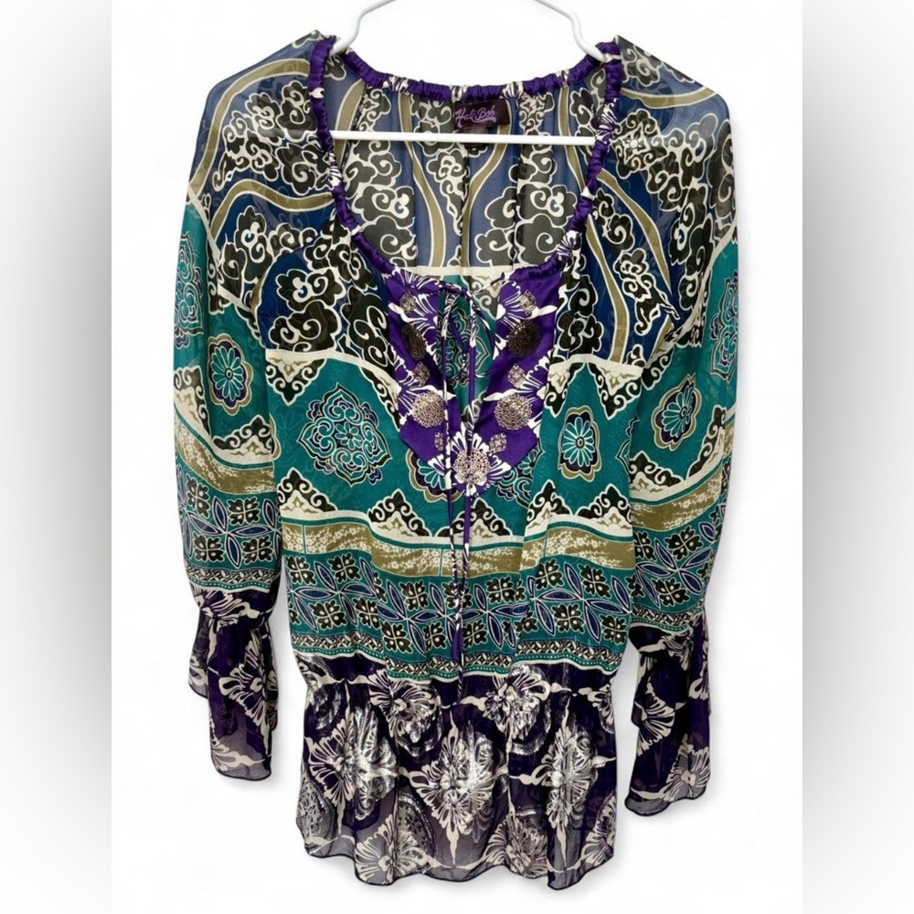 Hale Bob Semi Sheer Silk Metallic Boho Patterned Patchwork Blouse XS Tie Neck